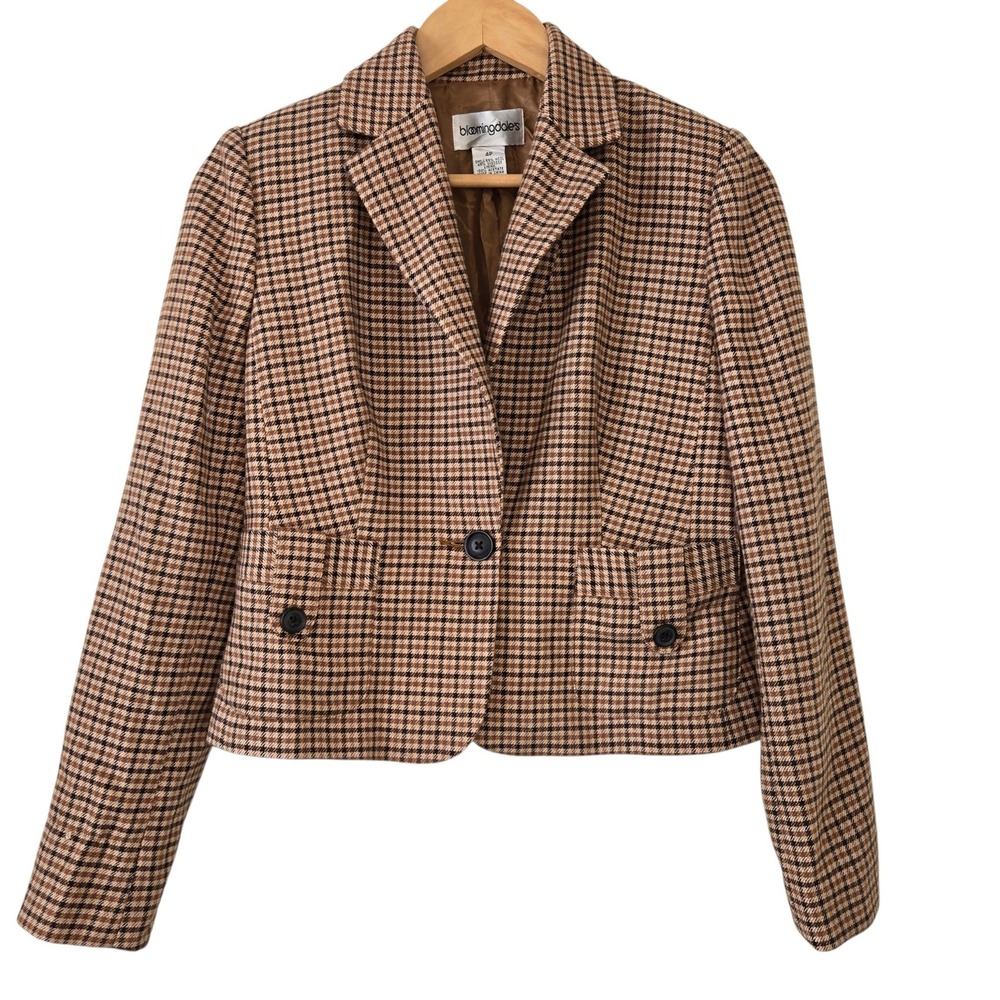 Bloomingdales Wool Blend Blazer Womens 4P Brown Houndstooth Plaid Cropped Jacket